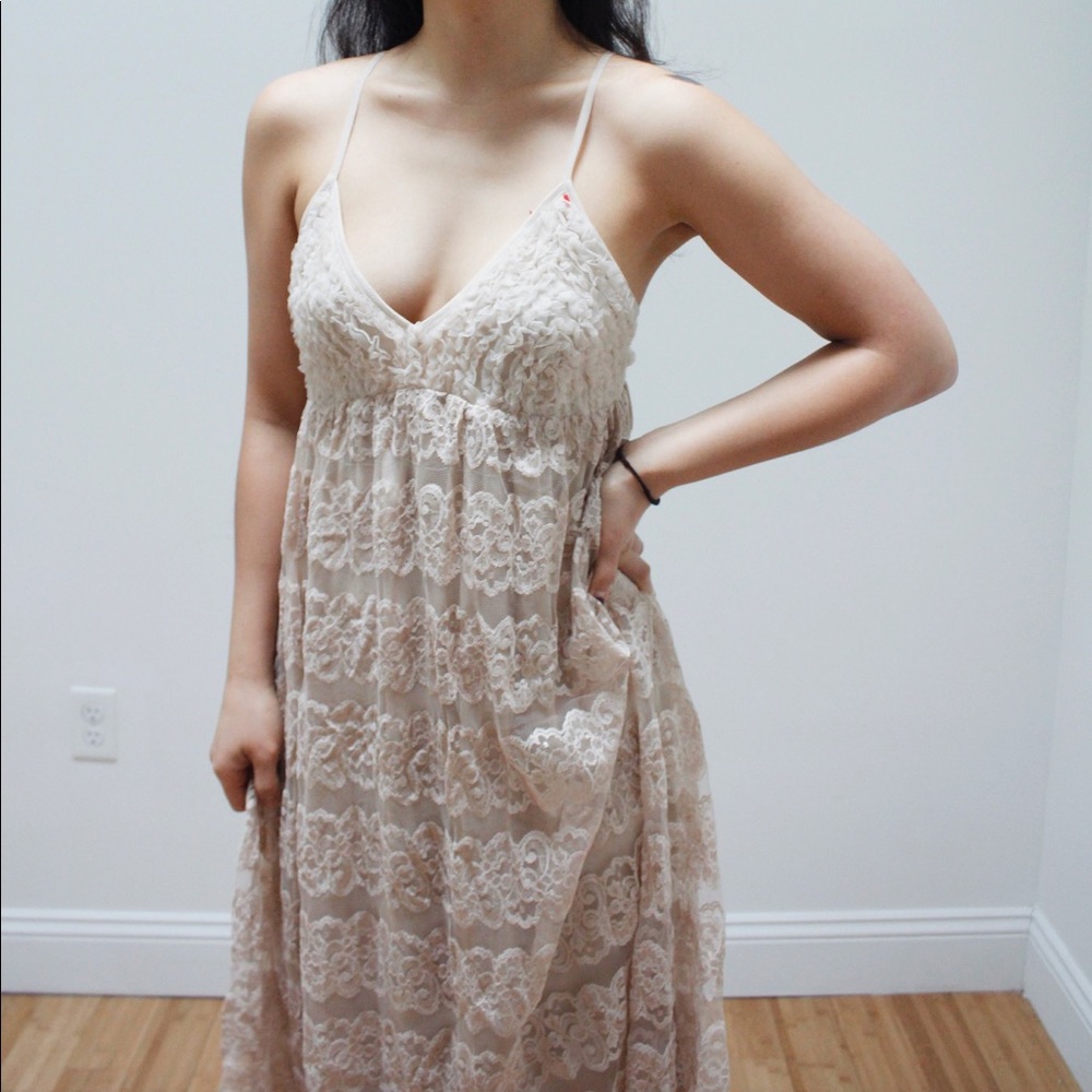 H&M Nude Lace Midi Spaghetti Strap Dress